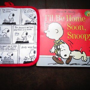 Peanuts Pot Holder And Signed Charlie Brown I'll Be Home Soon Snoopy Book